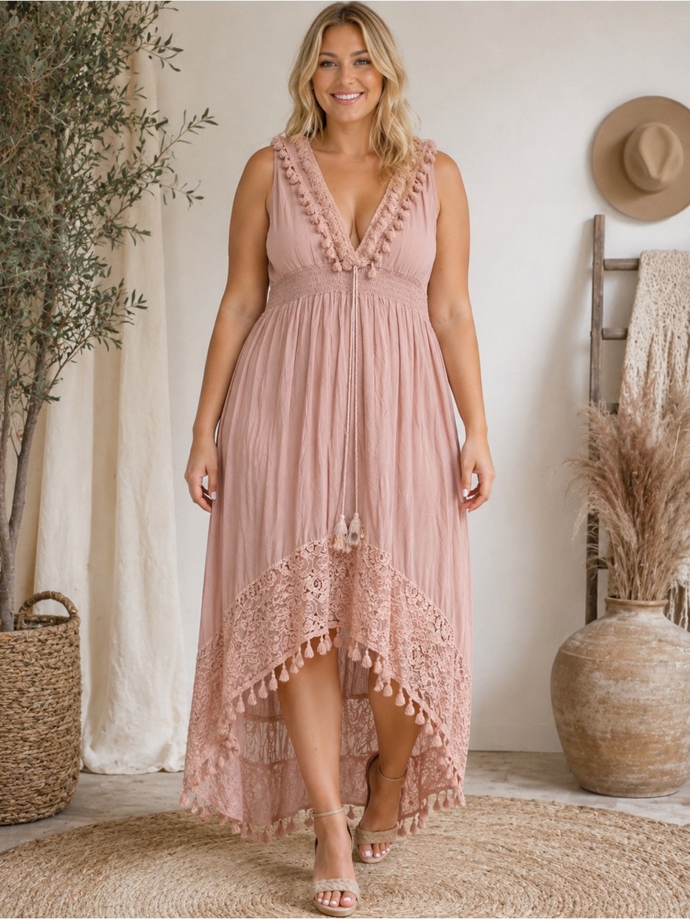 Blush Tassel V-Neck Lace Hem Maxi Dress Size XL